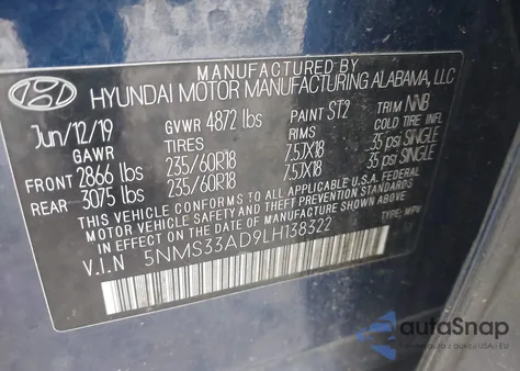 2020 Hyundai Santa Fe Sel z USA, uszkodzony, nr VIN 5NMS33AD9LH138322